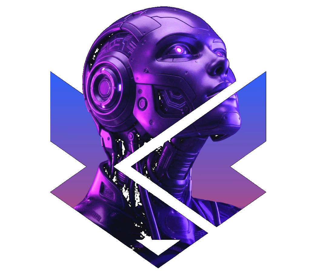 Futuristic humanoid AI figure in NEXINARI purple and blue lighting